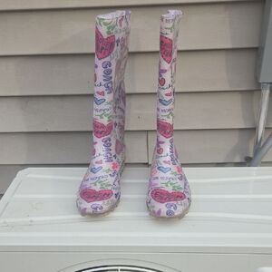 Coach Women's Pink Logo Heart Print Rain Boots
